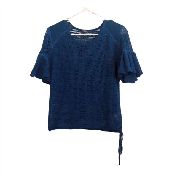 FREE PEOPLE Blue Sweater Ruffle Sleeve Drawstring - Picture 1 of 6